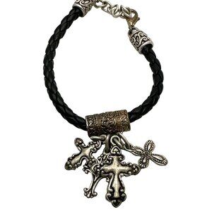 Romantic Goth Ornate Cross Bracelet Braided Leather Cord Edgy Religious Charm